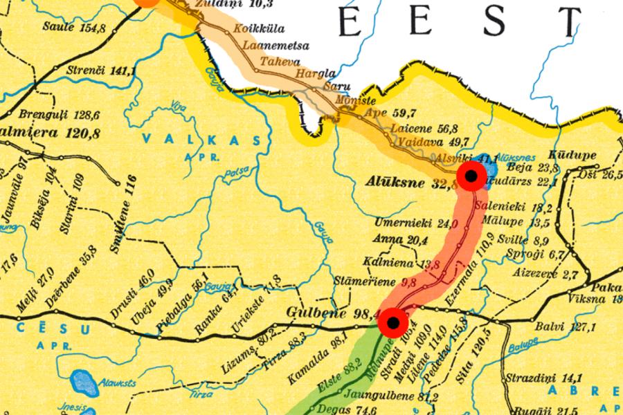 Dzelzceļa līnija 1940. gada kartē.